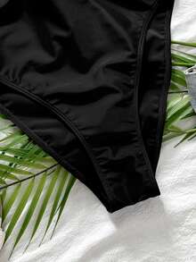 SHEIN Swim 2025 Women's Solid Color Camisole One-Piece Swimsuit, Vacation For Summer - Black - View 5