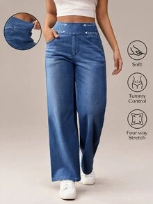Flexra Women Casual Comfortable High Waist Elastic Waist Side Pockets Loose Wide Leg Jeans - Medium Wash - View 1