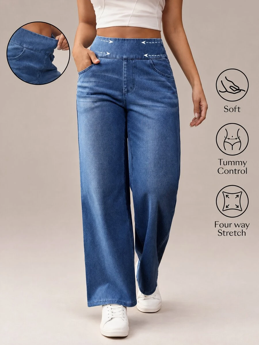 Flexra Women Casual Comfortable High Waist Elastic Waist Side Pockets Loose Wide Leg Jeans - Medium Wash - View 1