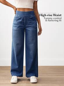 Flexra Women Casual Comfortable High Waist Elastic Waist Side Pockets Loose Wide Leg Jeans - Medium Wash - View 5