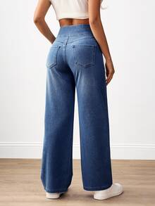 Flexra Women Casual Comfortable High Waist Elastic Waist Side Pockets Loose Wide Leg Jeans - Medium Wash - View 2