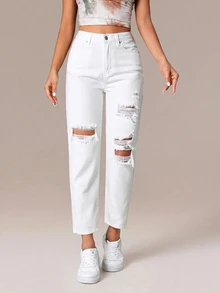 Flexra Women's Pocketed Ripped Tapered Casual Jeans - White - View 1
