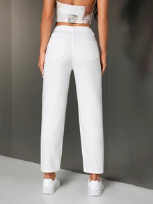 Flexra Women's Pocketed Ripped Tapered Casual Jeans - White - View 2
