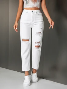 Flexra Women's Pocketed Ripped Tapered Casual Jeans - White - View 3