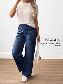 Flexra Plus Size Women Casual Commuter Versatile High Waist Comfortable Belted Slant Pocket Straight Leg Jeans - Dark Wash - View 4