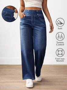 Flexra Plus Size Women Casual Commuter Versatile High Waist Comfortable Belted Slant Pocket Straight Leg Jeans - Dark Wash - View 7
