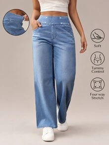 Flexra Quần Jeans Ống Thẳng Lưng Cao Thường Ngày Cho Nữ - Màu xanh lam - Xem 1