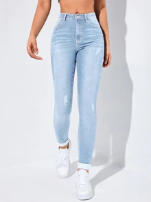 Flexra Spring High Waist Slant Pocket Ripped Skinny Jeans - Light Wash - View 7