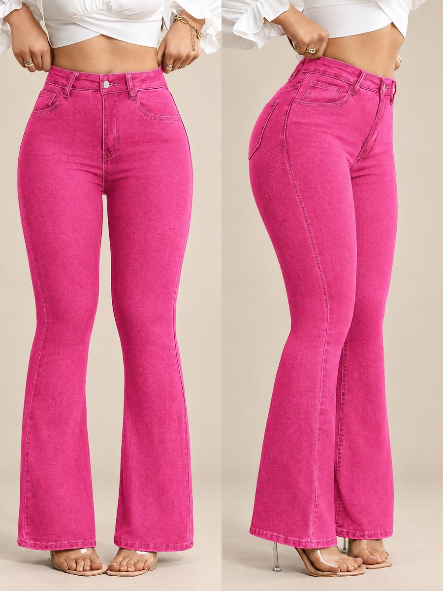 Flexra Women's Casual Everyday Washed Slim Fit Flare Jeans - Pink - View 1
