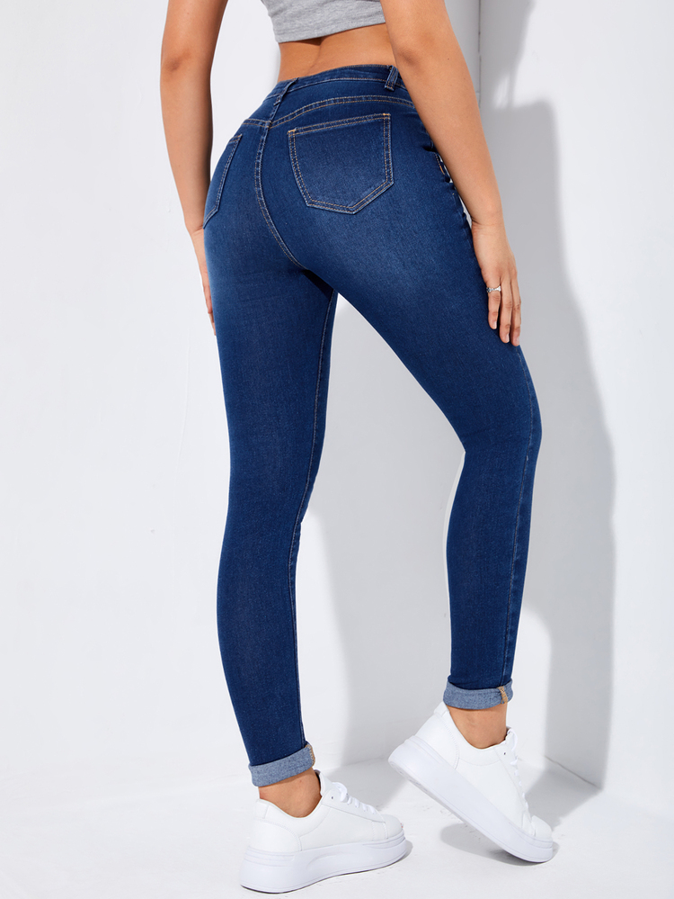 Flexra Women's Summer Ripped Roll Up Hem Skinny Jeans - Dark Wash - View 2