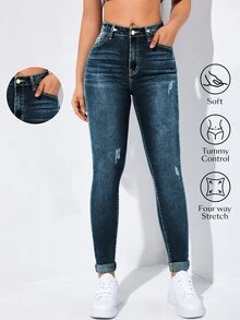 Flexra High-Waisted Button-Embellished Skinny Stretch Distressed Y2K Jeans - Dark Wash - View 2