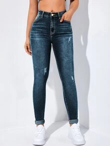 Flexra High-Waisted Button-Embellished Skinny Stretch Distressed Y2K Jeans - Dark Wash - View 7
