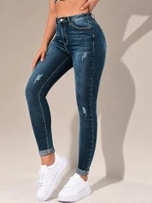 Flexra High-Waisted Button-Embellished Skinny Stretch Distressed Y2K Jeans - Dark Wash - View 1