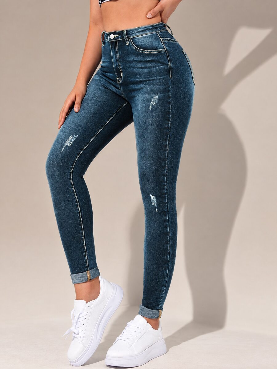 Flexra High-Waisted Button-Embellished Skinny Stretch Distressed Y2K Jeans - Dark Wash - View 1