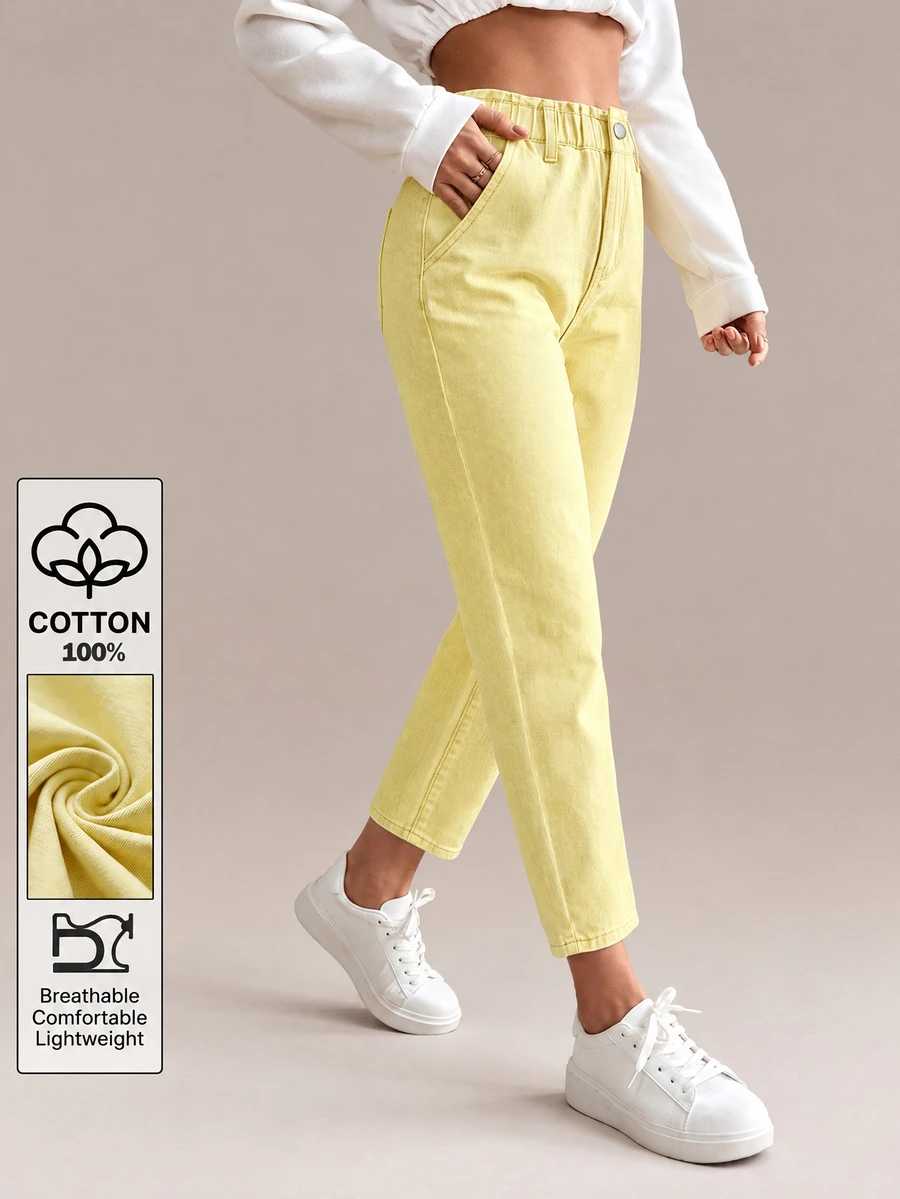 Flexra Women's Summer Paperbag Waist Straight Leg Jeans - Yellow - View 1