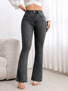 Flexra Celana Jeans Kasual Wanita Model Flare dengan Saku, Serbaguna - Light Grey - View 5
