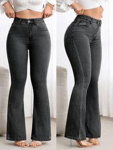 Flexra Celana Jeans Kasual Wanita Model Flare dengan Saku, Serbaguna - Light Grey - View 3