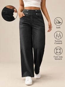 Flexra Plus Size Women High Waist Wide Leg Jeans, Dark Wash, Summer, Casual, Everyday Loose, Tummy Control Four Way Stretch Curvy Black Formal Club Holiday - Black - View 1