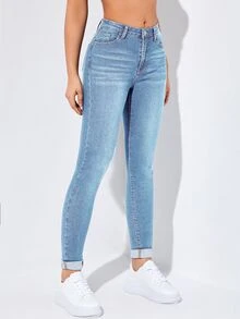 Flexra High-Waisted Button-Embellished Skinny Stretch Distressed Y2K Jeans - Light Wash - View 5