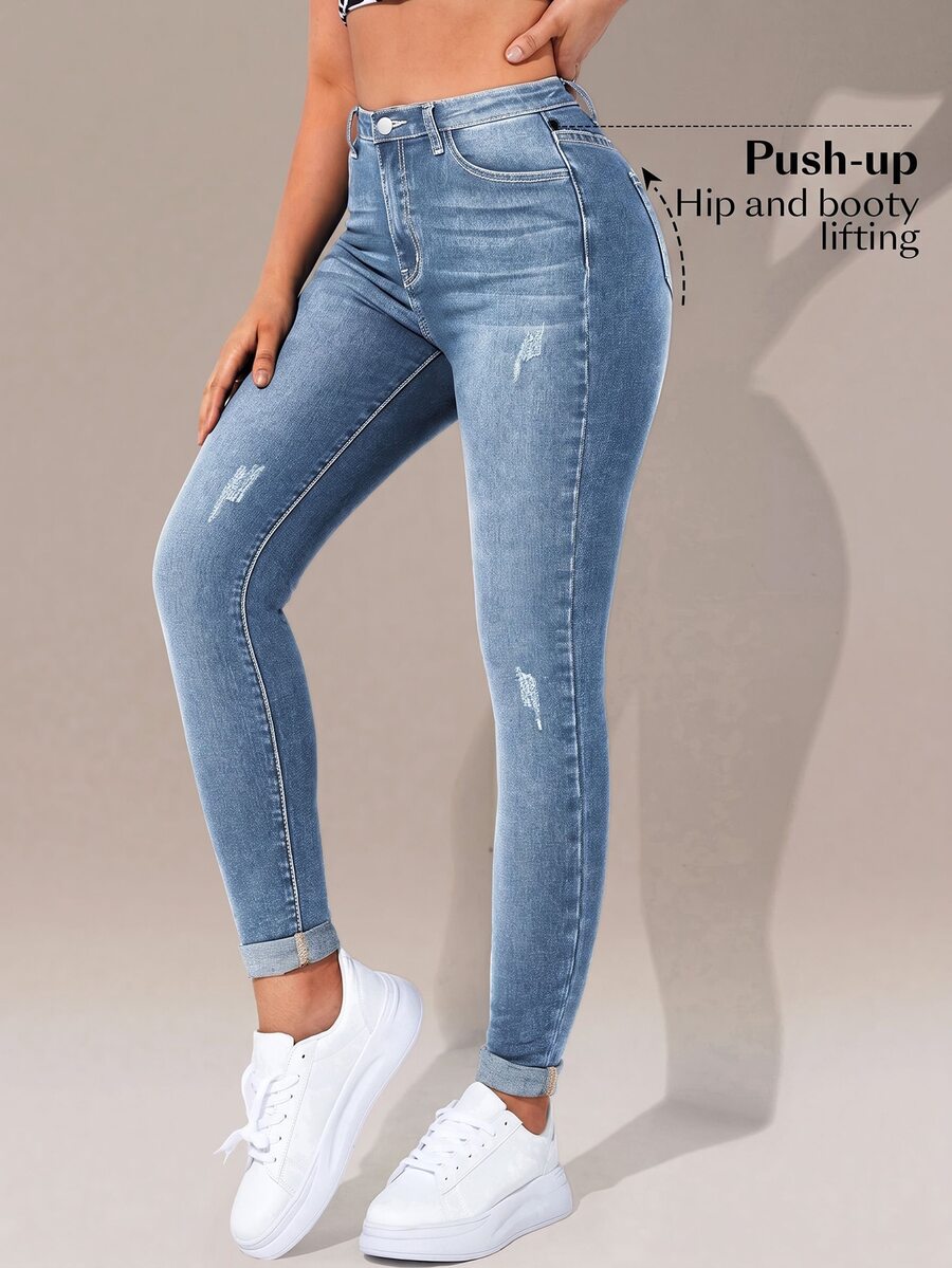Flexra Jeans casuales de cintura alta con botones, ajustados, elásticos, desgastados, estilo Y2K, para uso diario y escuela, color azul aqua, verano - Celeste - Ver 1