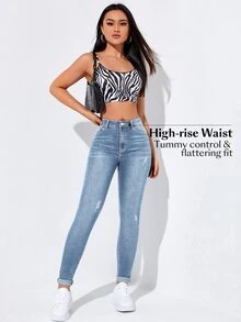 Flexra Jeans casuales de cintura alta con botones, ajustados, elásticos, desgastados, estilo Y2K, para uso diario y escuela, color azul aqua, verano - Celeste - Ver 11