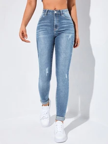 Flexra Jeans casuales de cintura alta con botones, ajustados, elásticos, desgastados, estilo Y2K, para uso diario y escuela, color azul aqua, verano - Celeste - Ver 4