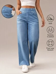 Flexra Plus Size Women Casual Commuter Versatile High Waist Comfortable Belted Slant Pocket Straight Leg Jeans - Blue - View 1