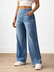 Flexra Plus Size Women Casual Commuter Versatile High Waist Comfortable Belted Slant Pocket Straight Leg Jeans - Blue - View 6