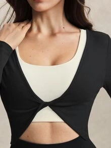 Activina Women's All Seasons With Reversible Active Wear Slim Fit Ribbed Deep V-Neck Long Sleeve Top With Open Back For Gym And Yoga Bodysuit - Black - View 5