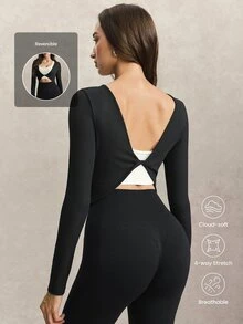 Activina Women's All Seasons With Reversible Active Wear Slim Fit Ribbed Deep V-Neck Long Sleeve Top With Open Back For Gym And Yoga Bodysuit - Black - View 2