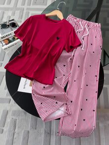 SHEIN 女孩時尚休閒可愛牛仔風紅色短袖上衣與長褲套裝，愛心刺繡與條紋愛心印花紅白格紋 - 紅色 - 查看 9
