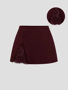 Sweetra Women's Elegant Sexy Lace Patchwork Slit Mini Skirt For Commute - Red - View 2