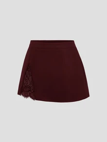 Sweetra Women's Elegant Sexy Lace Patchwork Slit Mini Skirt For Commute - Red - View 3