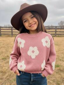 SHEIN Young Girl Ditsy Floral Casual Sweater In Fall/Winter - Dusty Pink - View 1