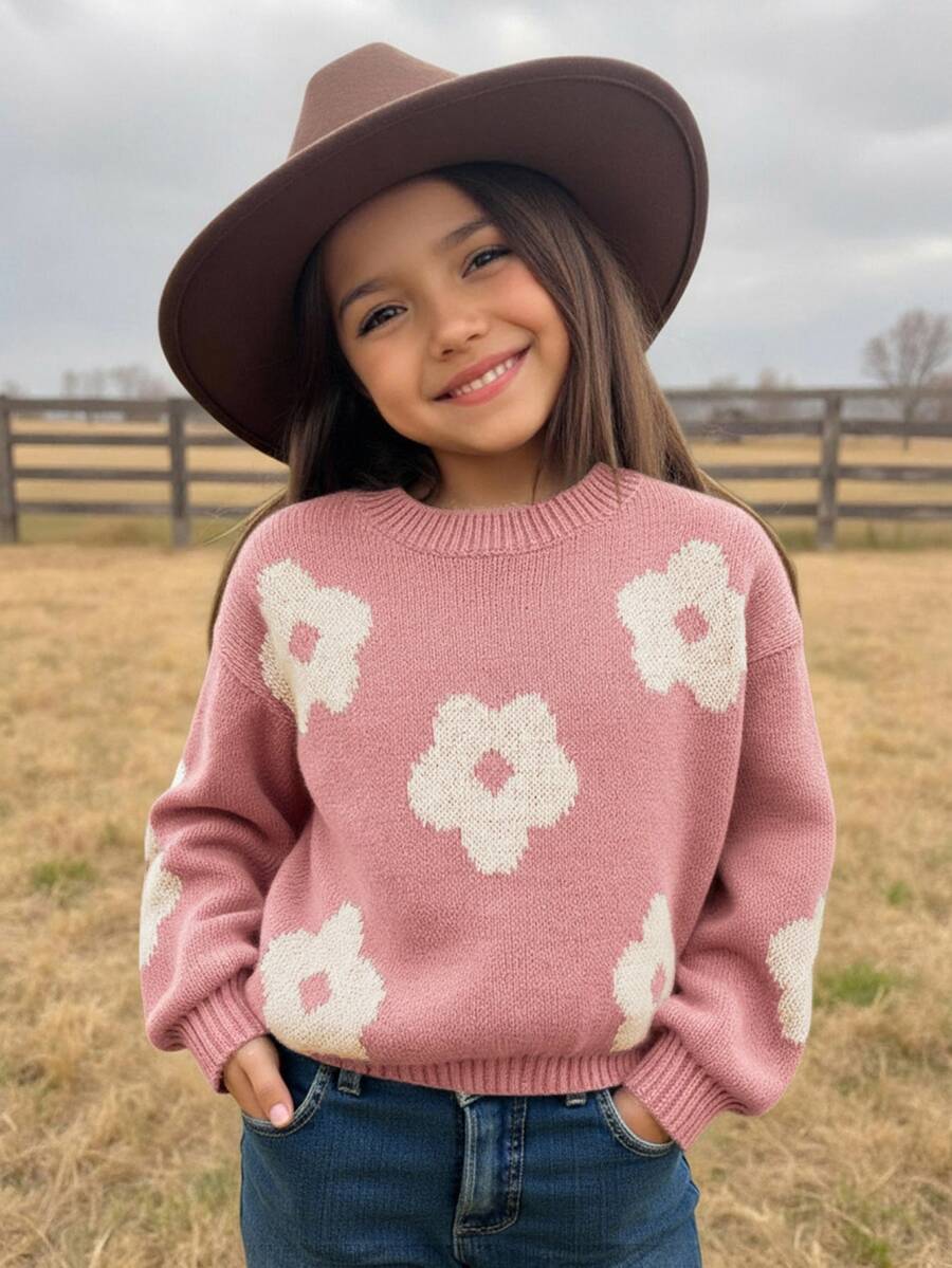 SHEIN Young Girl Ditsy Floral Casual Sweater In Fall/Winter - Dusty Pink - View 1