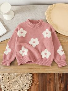 SHEIN Young Girl Ditsy Floral Casual Sweater In Fall/Winter - Dusty Pink - View 6