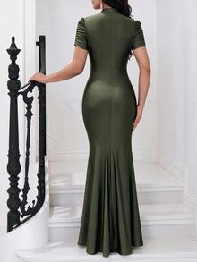 Modelyn Women's Solid Color Pleated Elegant Waist-Cinching Evening Dress - Army Green - View 2