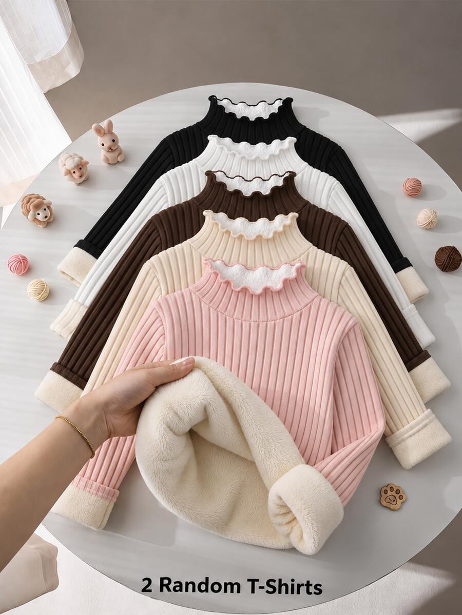 SHEIN 女童隨機款 2 件組羅紋針織毛衣 冬季返校長袖套頭上衣 - 彩色 - 查看 1