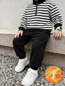SHEIN 1套小男孩服裝 黑白條紋立領上衣與黑色長褲；柔軟面料，適合春、秋、冬季節 - 黑色 - 查看 9