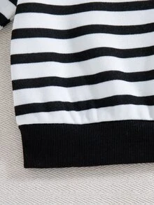 SHEIN 1套小男孩服裝 黑白條紋立領上衣與黑色長褲；柔軟面料，適合春、秋、冬季節 - 黑色 - 查看 6
