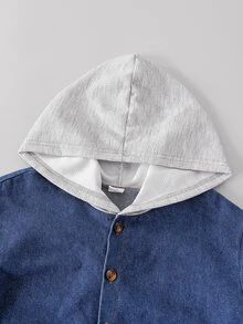 SHEIN Vacaura 男童拼接牛仔連帽鈕扣外套，附標籤，柔軟舒適面料，時尚百搭版型，春/秋新款 - 藍色 - 查看 5