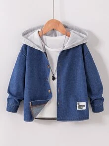 SHEIN Vacaura 男童拼接牛仔連帽鈕扣外套，附標籤，柔軟舒適面料，時尚百搭版型，春/秋新款 - 藍色 - 查看 3