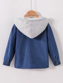 SHEIN Vacaura 男童拼接牛仔連帽鈕扣外套，附標籤，柔軟舒適面料，時尚百搭版型，春/秋新款 - 藍色 - 查看 2