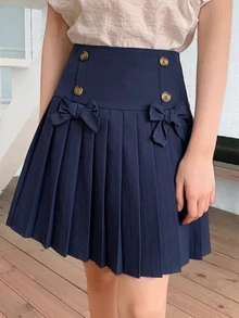 SHEIN Girls' Christmas Themed Pleated Mini Skirt Elegant, Sweet, Cute, 3D Bow, Low-Waist Design,Red Plaid Pattern Perfect For Holiday Parties Formal - Navy Blue - View 2