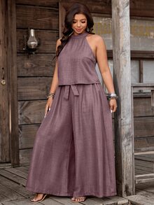 Nubod Plus Size Solid Color Halter Top And Wide Leg Pants 2 Pieces Set Vacation Summer Boho Casual - Dusty Purple - View 3