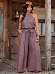 Nubod Plus Size Solid Color Halter Top And Wide Leg Pants 2 Pieces Set Vacation Summer Boho Casual - Dusty Purple - View 4