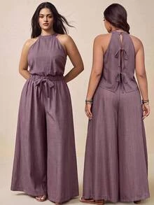 Nubod Plus Size Solid Color Halter Top And Wide Leg Pants 2 Pieces Set Vacation Summer Boho Casual - Dusty Purple - View 1
