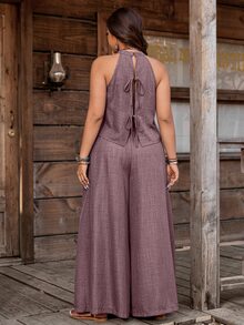 Nubod Plus Size Solid Color Halter Top And Wide Leg Pants 2 Pieces Set Vacation Summer Boho Casual - Dusty Purple - View 2
