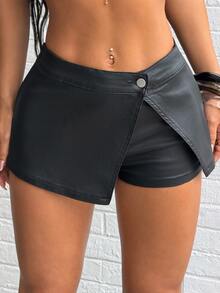 SHEIN Unity Y2K Fashion Casual Street Style Low-Waist Coated Mini Skirt Shorts - Black - View 1