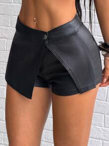 SHEIN Unity Y2K Fashion Casual Street Style Low-Waist Coated Mini Skirt Shorts - Black - View 3